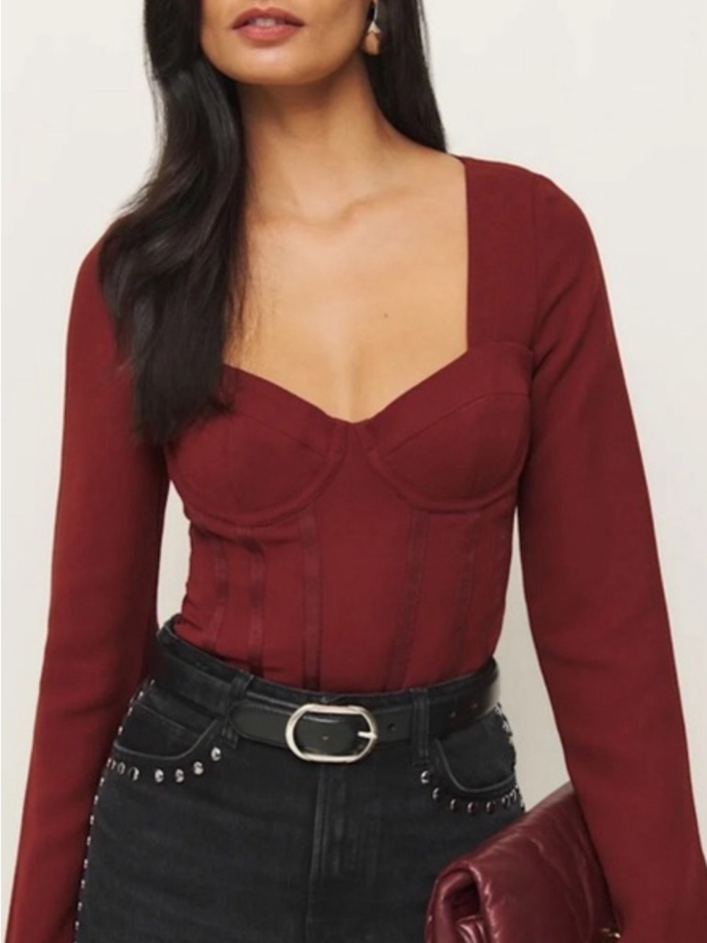 Reformation Amina NWOT Square Neck Long Sleeve Corset Top - Burgundy